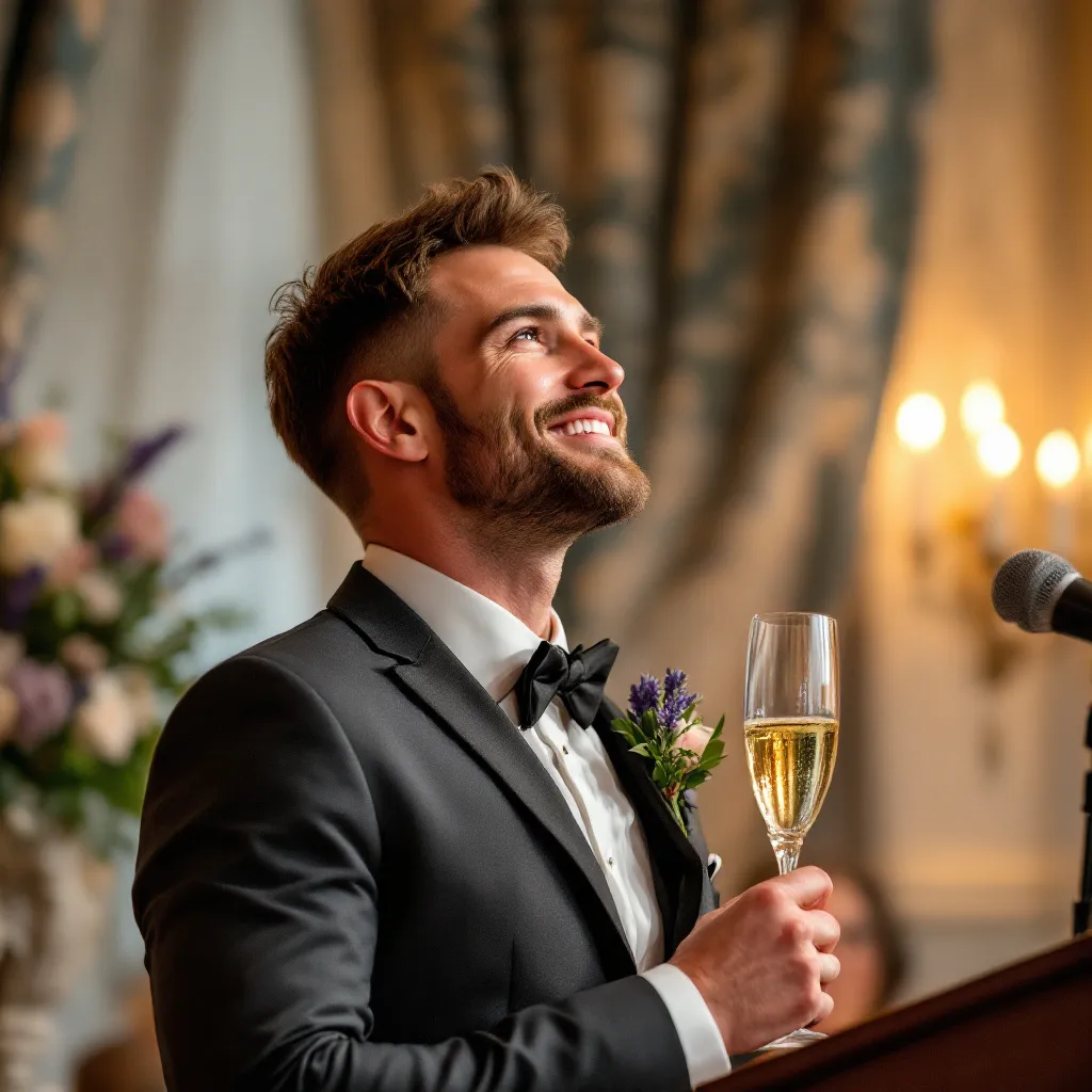A smiling man in a tuxedo raises a champagne glass at a microphone